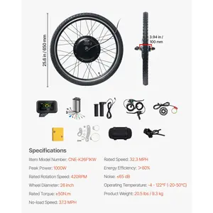 VEVOR 1000W Electric Bike Conversion Kit, 48V 420rpm 26 Front Wheel E-Bike Hub Motor Kit with Upgraded Speed Controller, Throttle Grip Kit, LCD Display, and PAS System for Road Bike
