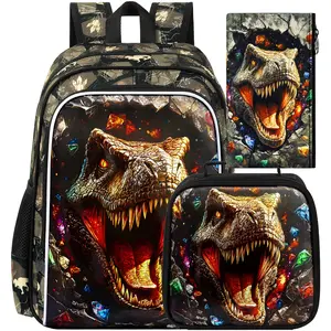 16" Dinosaur Backpack for Boy, 3Pcs Kids Bookbag for Elementary Preschool Kindergarten, Diamond School Backpacks with Lunch Box (Black)