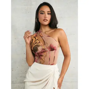 Floral Mesh Print One Shoulder Cutout Pleated Skinny Stretch Bodysuit Cap Sleeve