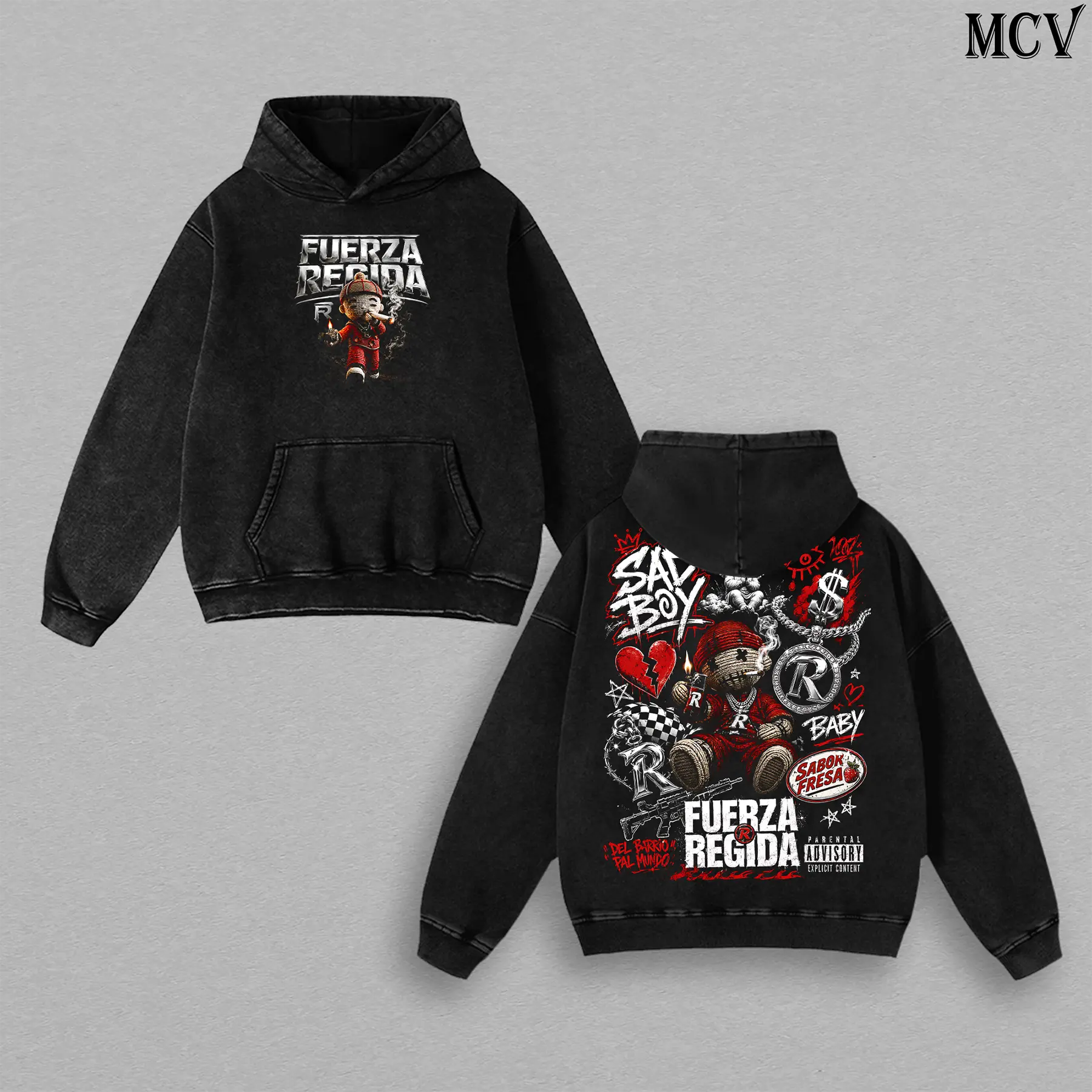 Fuerza Regida Band Hoodie Washed – Sabor Fresa Vintage Heavy Cotton Oversize Unisex Corridos Tumbados Regional Mexican Graphic T-Shirt, Fuerza Regida Hoodie & Sweatshirt Latin Streetwear Concert Tour Fan Merch Collector Top for Men and Women Fans