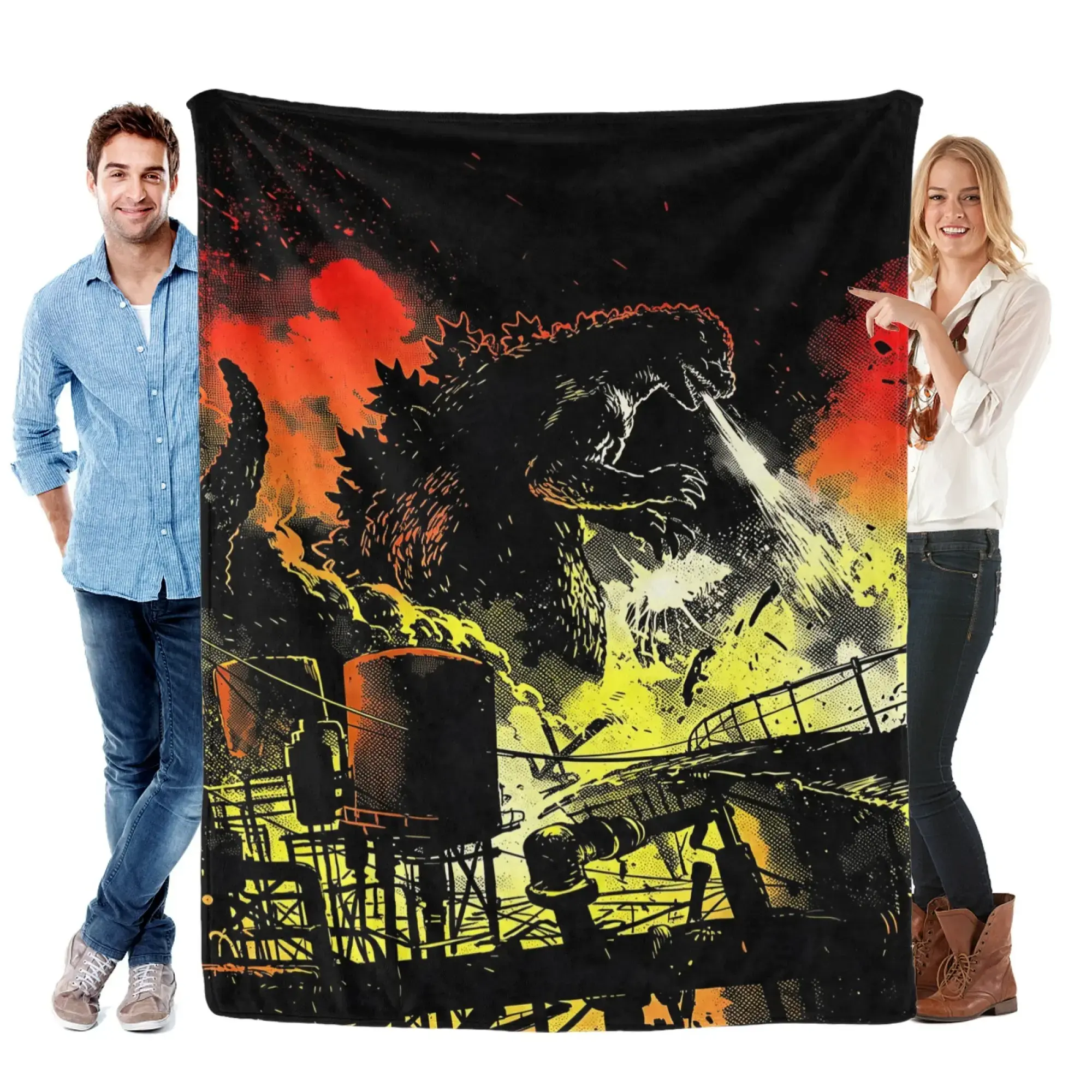 Godzilla Throw Blanket Vintage Japanese Kaiju Monster Black Flannel Blanket Atomic Breath Fire City Destruction Retro Art Soft Cozy Lightweight All Season Throw Blanket for Couch Bed Sofa Bedroom Movie Night Classic Monster Style