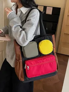 Women's Fashionable Minimalist Casual Retro Color-Blocking Multi-Pocket Shoulder Bag Large Capacity Practical Versatile Everyday Commuting Outings Travel Schooling Essential Women's Shoulder Bag Tote Bag