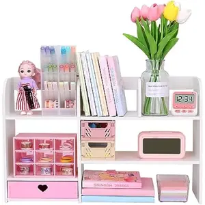 Cute Bookshelves Cute Bookshelf for Desk Kawaii Desk Organizer with Drawer Office Desk Organizers and Accessories Storage Home Decor Display (Pink) : Office Products