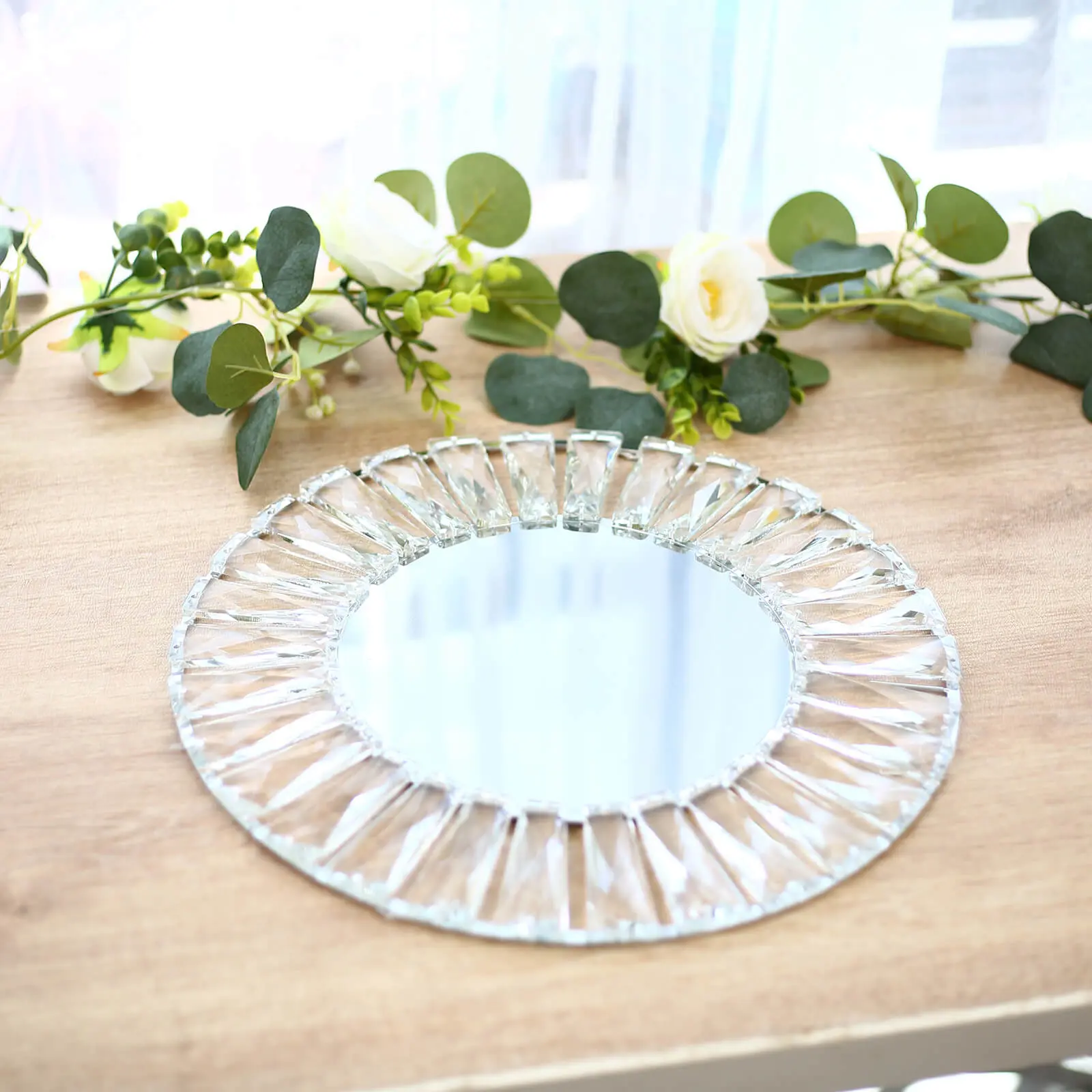 2 Pack 14" Crystal Pendant Metal Charger Plates – Silver Mirror Glass Decorative Round Table Chargers