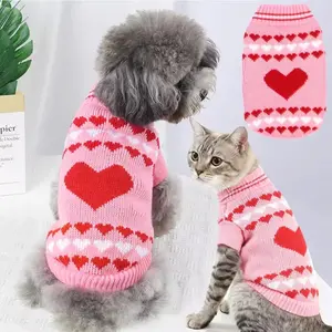 Valentine's Day Heart Warm Jacquard High Neck Pullover Dog Sweater, Anti-Shedding Pet Clothes for Cats and Dogs