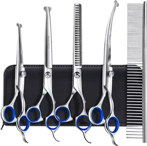 Coated Professional 6 in 1 4CR Stainless Steel Dog Grooming Scissors with Safety Round Tip, Heavy Duty Pet Grooming Scissor for Dogs, Cats and Other Animals