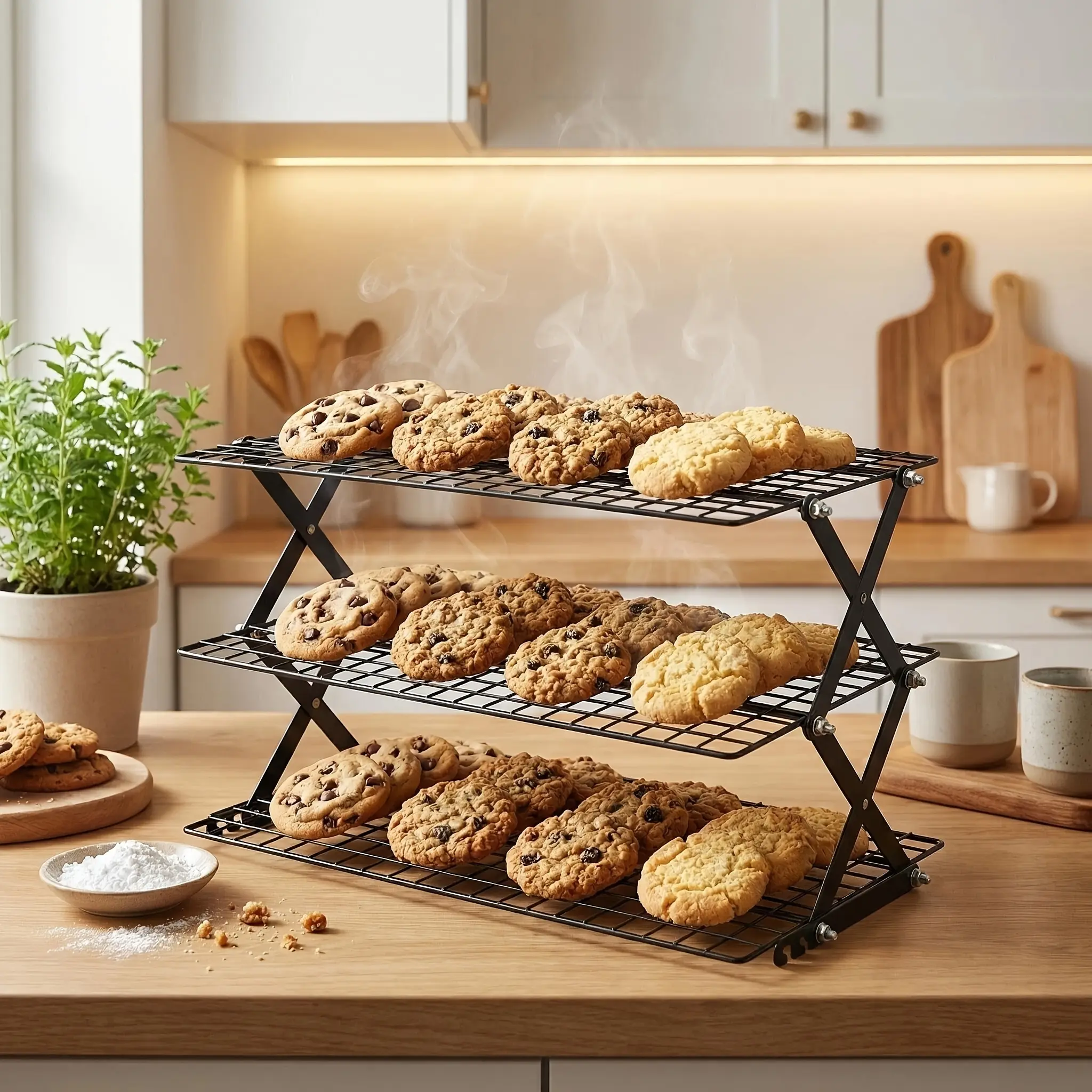 3-Layer Folding Cooling Rack - Durable Bakeware Utensil for Drying + Baking Use, Easy Storage, Helps Cakes Dry Evenly After Baking, Suitable for Kitchen Use, Perfect Gift for Women, Outdoor Cooking