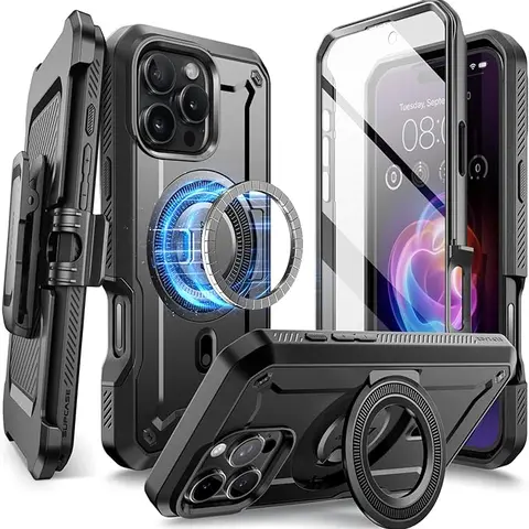 SUPCASE Rugged Magnetic Smartphone Cover & Screen Protector for iPhone 16-15-14 Pro/Pro Max - MagSafe-Compatible, Military-Grade Protection, 20ft Drop Test, 360° Full Guard, Shockproof, Slim Heavy-Duty, Tilt Kickstand, Belt Clip, Wireless Charging Support