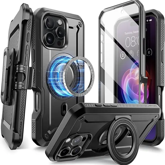 SUPCASE Rugged Magnetic Smartphone Cover & Screen Protector for iPhone 16-15-14 Pro/Pro Max - MagSafe-Compatible, Military-Grade Protection, 20ft Drop Test, 360° Full Guard, Shockproof, Slim Heavy-Duty, Tilt Kickstand, Belt Clip, Wireless Charging Support