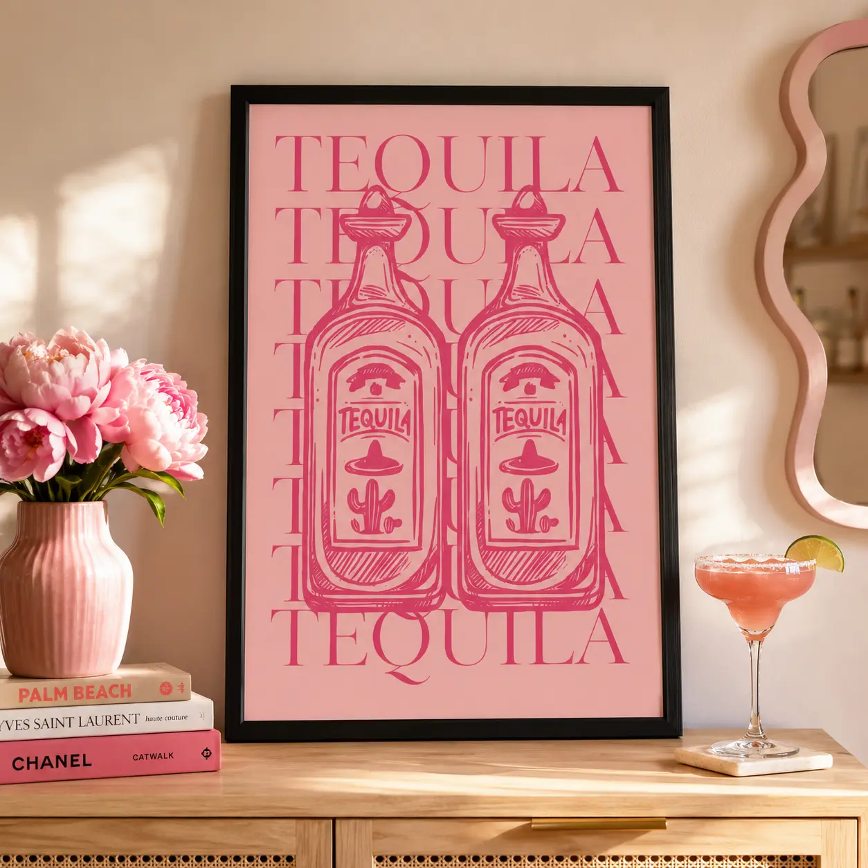 Retro Pink Tequila Poster-Aesthetic Girly Bar Cart Art-Preppy Pink Posters-Trendy Wall Art-Cocktails Art-Bar Cart Art-Wall Art Decor PhotoCanvas Poster Wall Decor, Room Decorations, Funky Home Decor,bedroom canvas poster