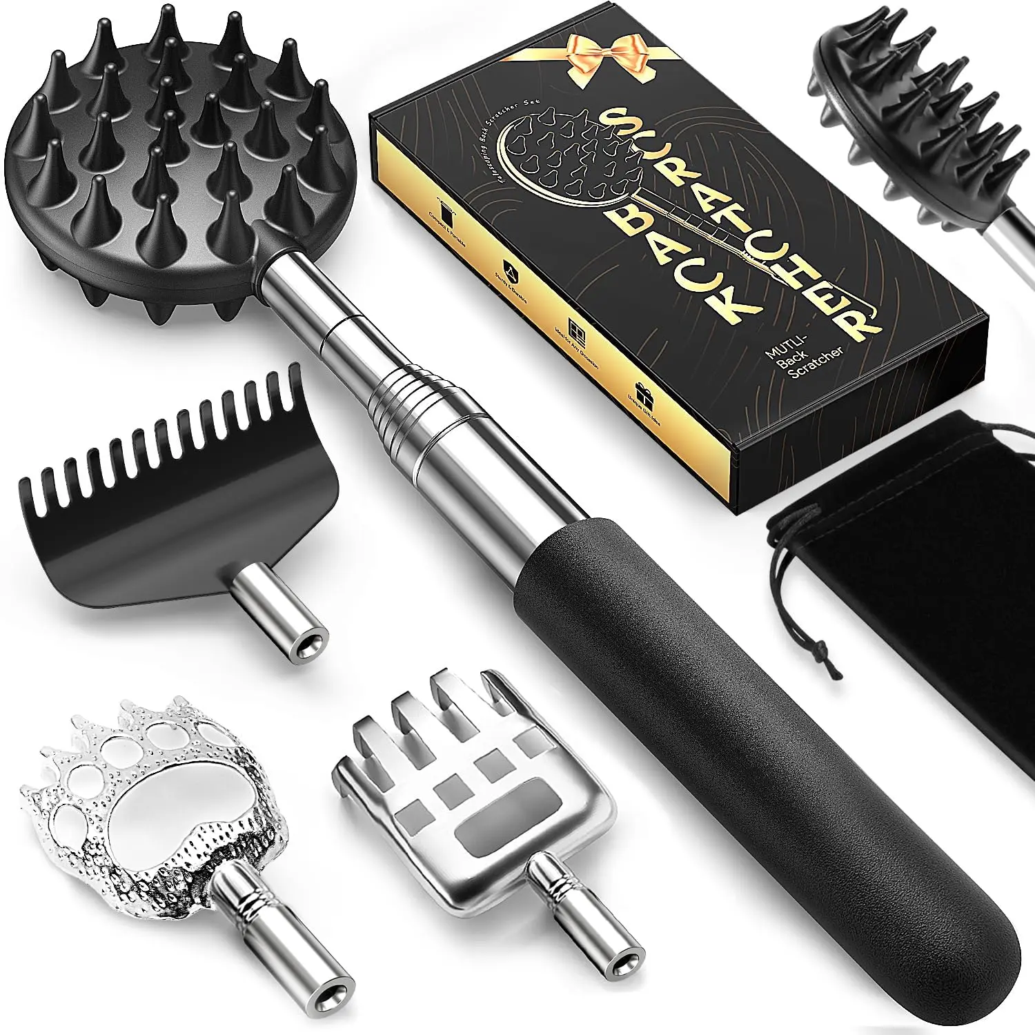 TUKUOS Telescoping Back Scratcher with 5 Detachable Scratching Heads, Rubber Handles,Large Scratch Surface,Anniversary Birthday Gifts for Men Women Back Scratcher/Head Scratching/Body Massage Tool for Men/Dad/Women/Adults