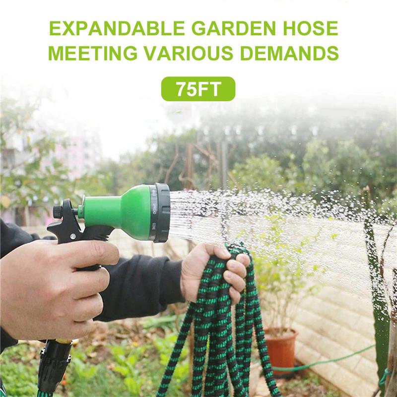 Flexible Garden Hose 75/100ft 3X Stronger Deluxe Expandable Green Polyester Fiber with 10 Functions Nozzle 3/4" Solid Brass Fittings Foldable for Outdoor Gardening Car Cleaning