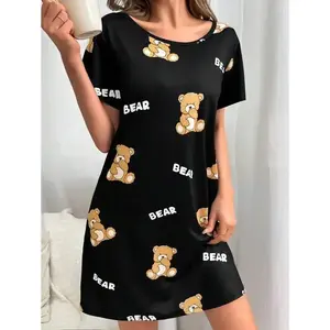 Women's Fashionable Cute Bear & Letter Printed T-Shirt Sleep Dress Pajama Dress Loungewear Nightwear