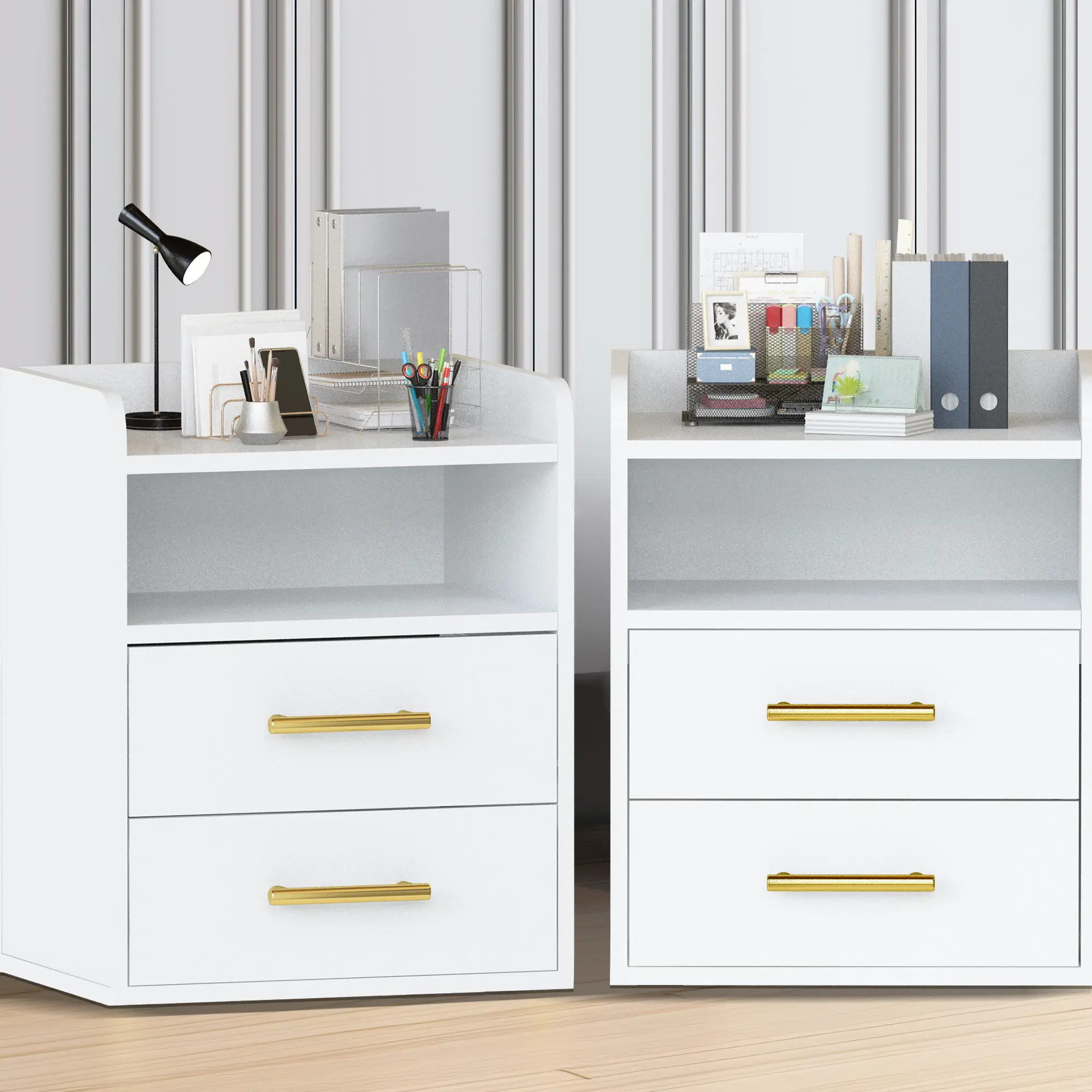 Hooseng 2 Drawer Vertical Filing Cabinet(2 Pieces), Office Storage Cabinet with Open Shelf, Rolling Wood Mobile File Cabinets with Wheels, Under Desk