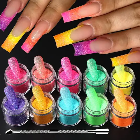 10-Color Fluorescent Bedazzling Glitter Glow Kit with Cuticle Pusher - Nail Design Kit, Sugar Glitter Accessory for UV Use, Nails Supplies for Techs, Body Art Decor