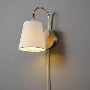 Globe Electric 1-Light Matte Brass Hardwire or Plug-in Wall Sconce with White Textured Shade by Novogratz x Globe: ETL Listed, Iron Body