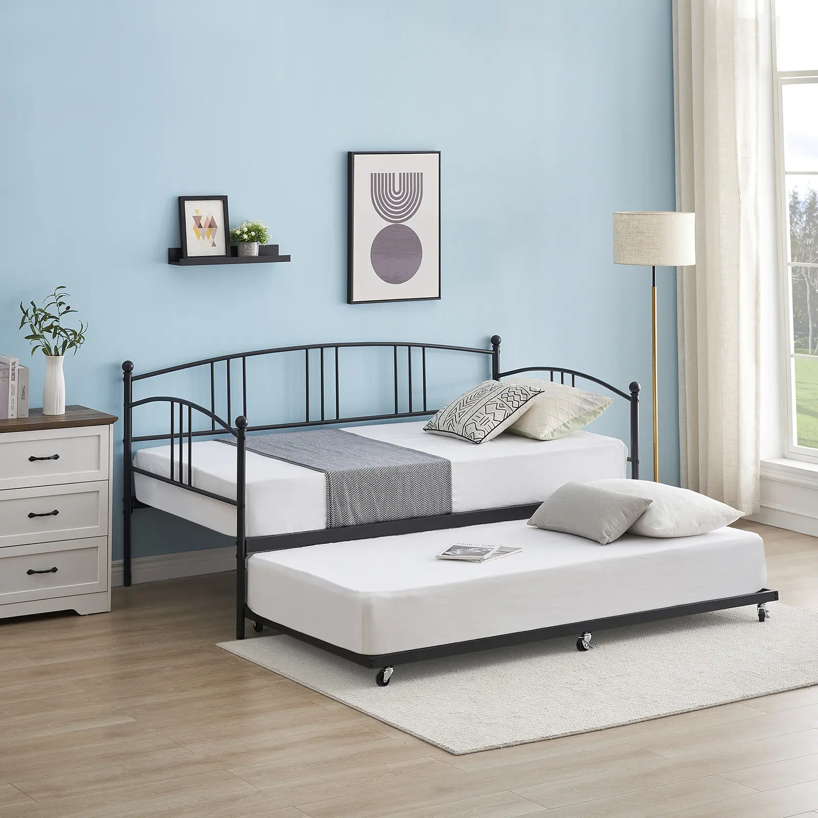 Twin Size Metal Daybed Frame, Heavy-Duty Steel Slat Support, No Box Spring Needed, Space-Saving Sofa Bed for Living Room, Bedroom or Guest Room