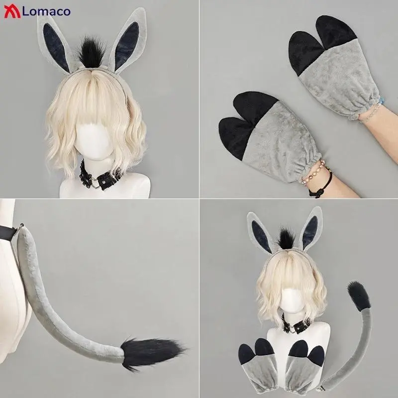 Cute Donkey Cosplay Accessory Set - Plush Ears Hairbands, Furry Tail, Fluffy Burro Hoof Gloves for Halloween Fursuit Props, Furry Ears, Cosplay Set, Fluffy Tail, Cosplay Props, Donkey Ears