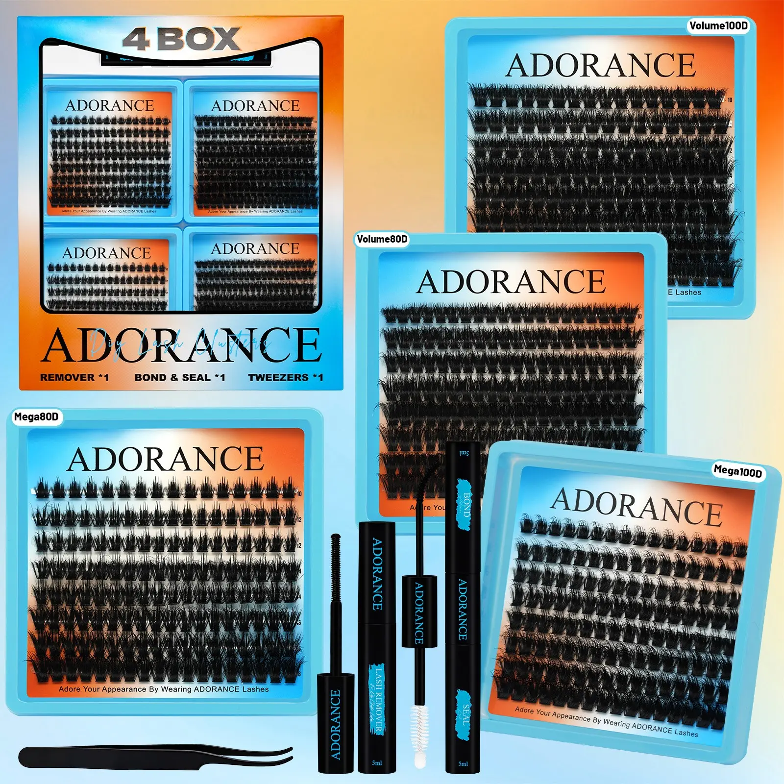 ADORANCE Lash Clusters Kit 550 PCS, 4 Styles (Volume 80D/100D, Mega 80D/100D) Individual Lash Extensions Mini Kit with Lash Bond and Seal, Lash Glue Remover & Eyelash Tweezers, Perfect for Daily Makeup, Parties, Weddings & Home DIY Use