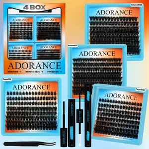 ADORANCE Lash Clusters Kit 550 PCS, 4 Styles (Volume 80D/100D, Mega 80D/100D) Individual Lash Extensions Mini Kit with Lash Bond and Seal, Lash Glue Remover & Eyelash Tweezers, Perfect for Daily Makeup, Parties, Weddings & Home DIY Use