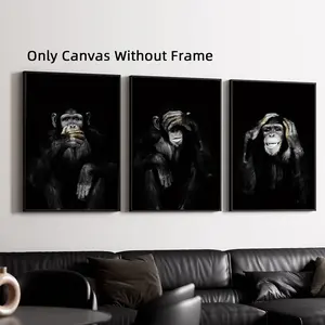 3 Counts/set Optinal Frame Funny Thinking Monkey Canvas Poster, Animal Wall Art, Black Room Decor, Modern Art Design, Artwork Wall Painting For Gift, Wall Picture for Home, Office Wall Decor