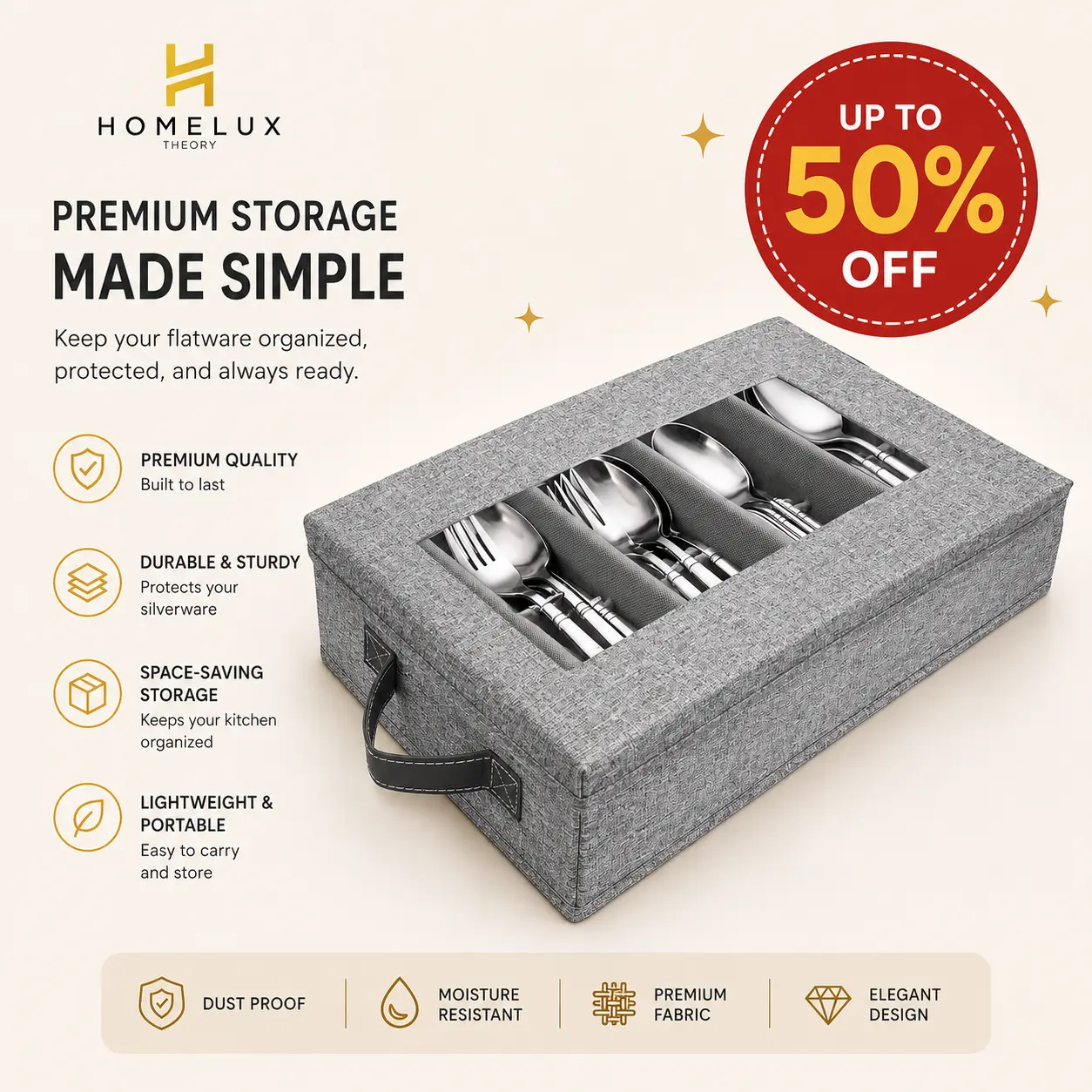 Silverware Organizer with Lid Hard Shell Flatware Storage Box, Heavy Duty Storage Container with 5 Dividers for Cutlery, Serving Utensils & Silverware | Homelux Theory sohochic