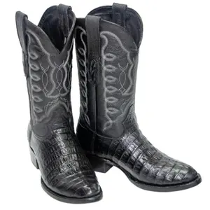 El Reparo Men's Print Caiman Tail Round Toe Boots - Black