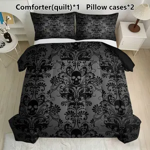 Gothic Skull Damask Bedding Set, Decorative Bedding, 1 Comforter & 2 Pillowcases, Dark Victorian Decor, Synthetic Fiber, Home Textiles