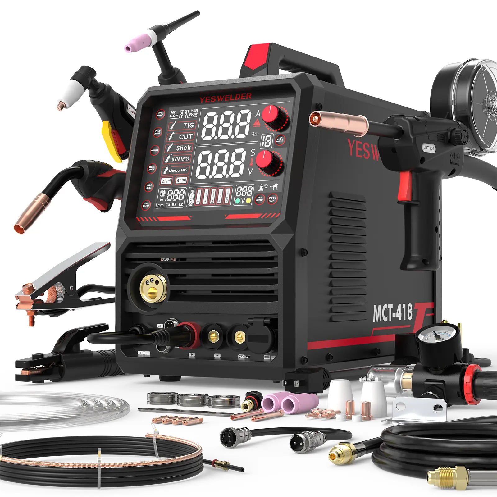 YES-HJ-MCT-418&Spool torch Multifunctional Welders Combo&Plasma Cutter, 6-In-1 MIG/Flux Core MIG/CUT/TIG/Stick/Spool Gun Compatible, 180A MIG/TIG/Stick & 40A CUT, 110V/220V