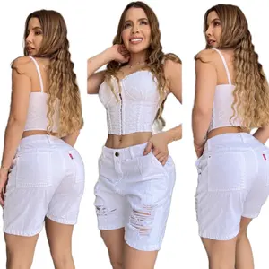 Colombian High Waisted Jeans Shorts - Comfortable Rigid Fabric Denim, Soft and Flattering Fit, Above the Knee, Plain Design