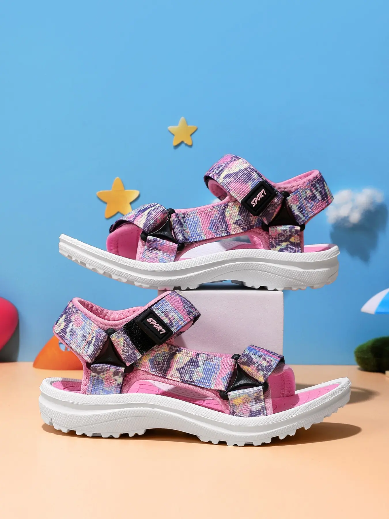 Girls' Summer Beach Strapy Open Toe Two Strap Double Buckle Sandals with Dual Buckle Design, Sporty Style, Textile Material, Eva Sole, Anti-Slip, Durable, Reusable, Strappy Sandal