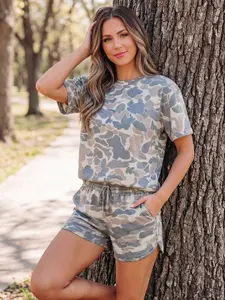 Women's Casual Camo Print Two-Piece Set: Short Sleeve Tee and Drawstring Shorts Outfit