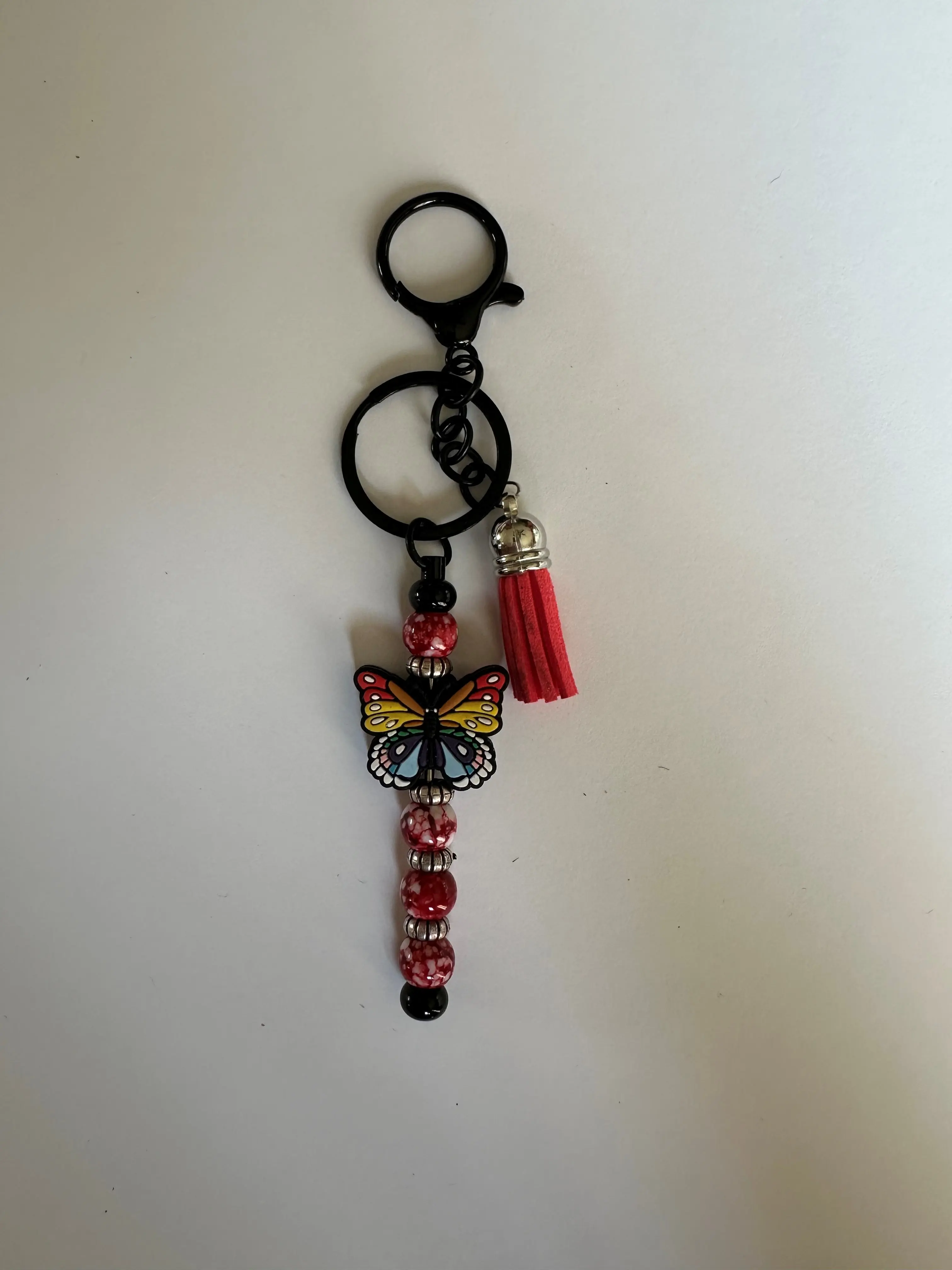 Beautiful Beaded Key Chain with Butterfly Charm and Red Beads Decorative Accessory