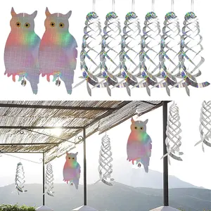 HOMEYA 2/4 Pack Reflective Bird Repellent Scare Owl with Bells + 6 Pack Reflective Spiral Reflectors, Easy To Hang & Birds Away from Your Garden, Windows & Yard