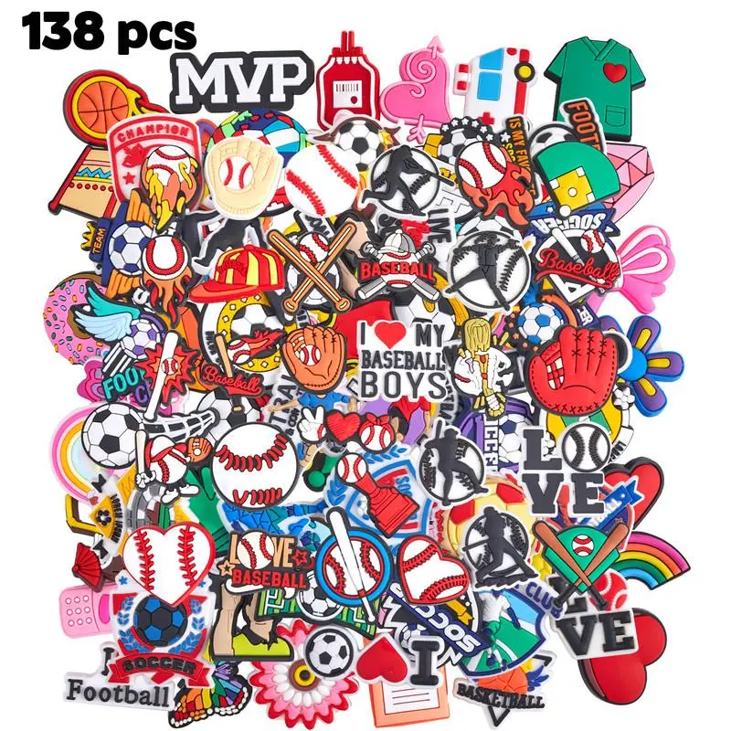 138PCS PVC Sports Shoe Decor Charms, Mixed Styles Footwear Accessories - 56 New Soccer, 50 Random, 32 Black Baseball, Cartoon Ball Athlete Glove Trophy Letter - for Sandals Wristbands Bracelets DIY Crafts, Gifts for Sports Fans, Water Proof, Pvc Charm, Da