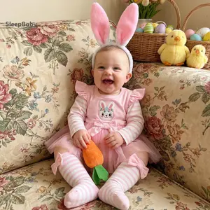 4PCS Set Baby Girl Easter Outfits Long Sleeve Tulle Skirt Romper + Socks + Bunny Ears Headband Set Newborn Newborn Bunny Carrot Romper Costumes Set