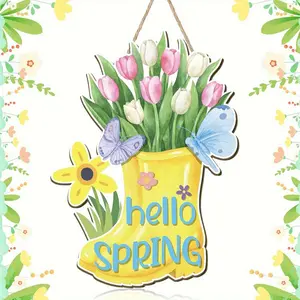 Spring Rain Boot Hanging Ornament, Tulip Bouquet & Butterfly Element, Watercolor Hello Spring Sign, Wall Decor for Home Farmhouse Style, Hanging Decoration, Interior Wall Decor