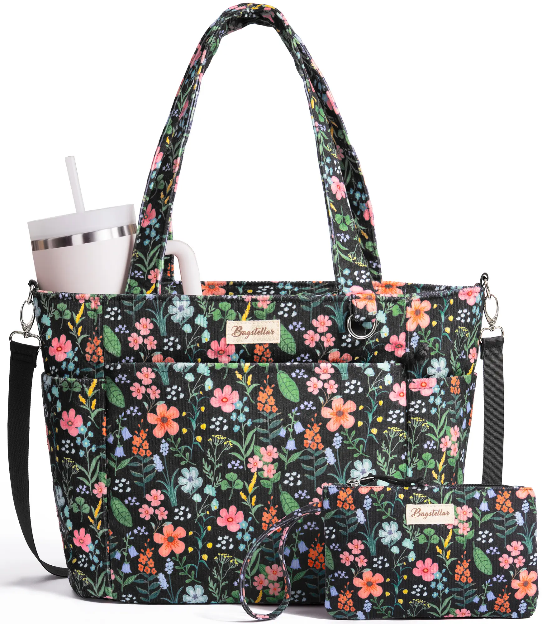 (Auction)Bagstellar Corduroy Bag w/Makeup bag for Women, 14 inch Laptop Work Tote Bags for School College with Large Cup Holder, Durable Zipper Corduroy Casual Tote Purse Shoulder Organiser for Student, Work, Daily, Travel, Gym,dorm essentials,home decor