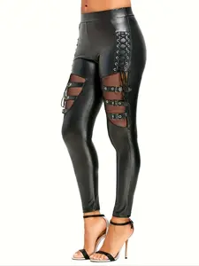 Women's Punk Mesh Patchwork Tight Elastic Trouser Pants, Womenswear Nightclub Stage Performance Party Sexy Long Pants, Stylish Style and Comfortable Fit