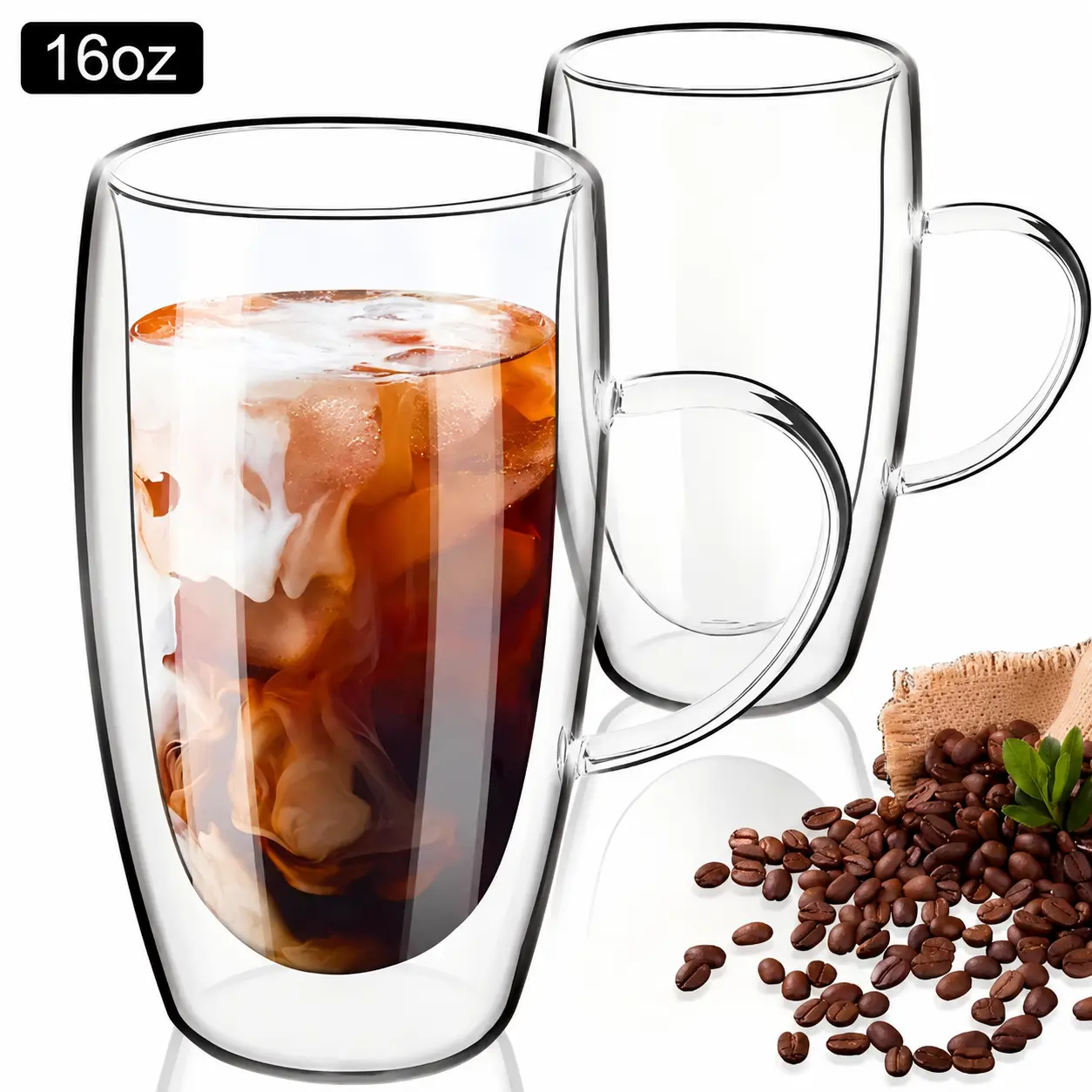 16oz Double-Walled Borosilicate Iced Coffee Glasses (Set of 2) - Handmade, Lightweight, Durable, Heat Resistant Tall Cup - Ideal for Cold Brew, Lattes, Matcha, Whiskey, Juice - Coffee Time Gifts, Kitchenware Drinkware