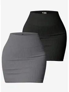 Women’s high-waisted tummy-control ribbed knit bodycon mini skirt — slim fit, figure-flattering hot-girl style; suitable for everyday wear, parties, and commuting; versatile design