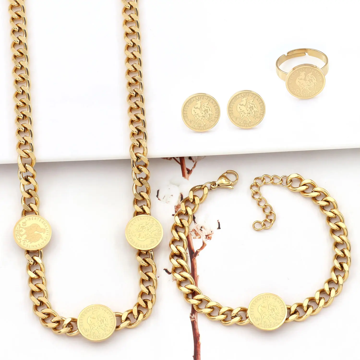 Colorfast bright gold tone Cuban chain jewelry set with vintage coin texture—includes a waterproof stainless steel necklace, bracelet, stud earrings, and an adjustable open ring; versatile for everyday stacking.