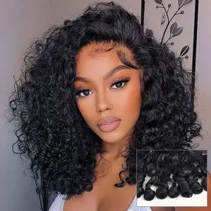Sway Hair [Kinky Curly Wig ] 100% Human Hair Wig 200%/250% Density 13x4 HD Lace Front Kinky Curly Bob Wigs Tiny Knots, Deep Water Curly Wave Blend Curly Top Tiny Body Wave with Spiral Curls End, Black Color PrePlucked, Prestyle