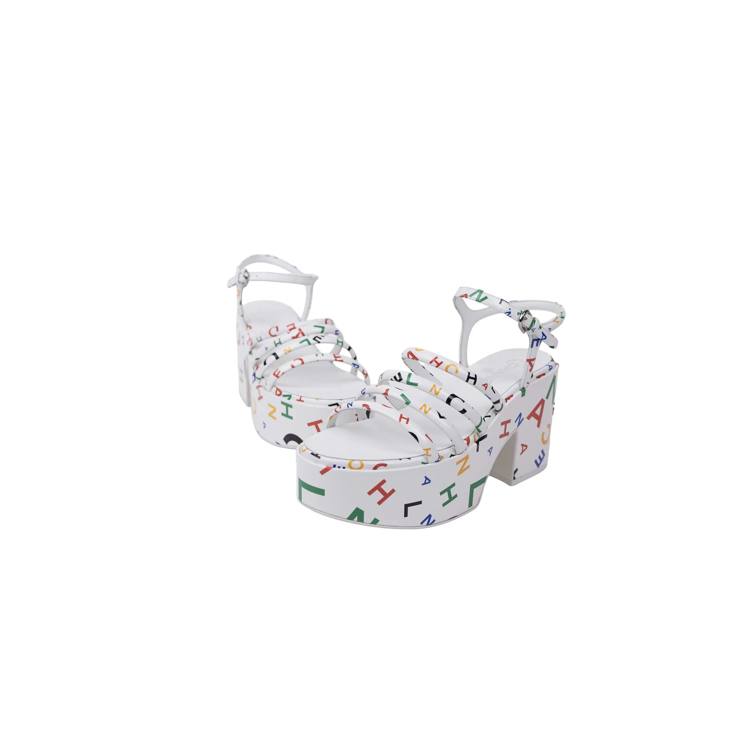 Pre-owned Chanel White Multicolor Leather MC Platform Sandal Heels 40.5