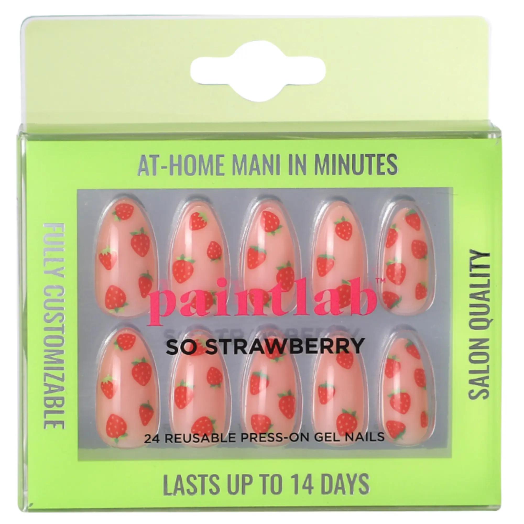 PaintLab So Strawberry Almond Press On Nails - 30 Nails in 15 Sizes with Glue, Salon-Quality Press On Nails