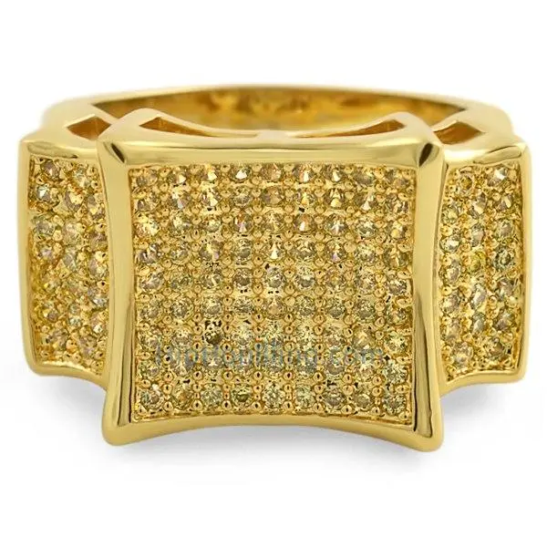 Men's Iced Out Gold Tone Kite Ring with Pave Set Lemonade Cubic Zirconia, Hip Hop Bling Statement Jewelry, Cubic Zirconia Rings