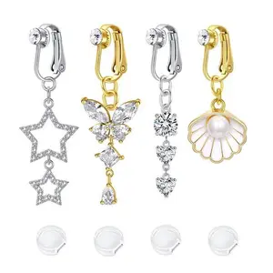 Upgraded Fake Belly Rings High-quality Non-Piercing Clip-on Belly Button Rings Stainless Steel Fake Belly Button Ring Fake Earrings Diamond Butterfly Heart