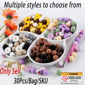 30pcs silicone focal beads daisy silicone printed round beads solid color combination Diy Mix Beads can be used for DIY bead pens, keychains, necklaces, bracelets, etc