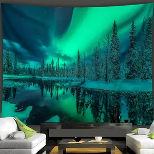 1pc Magical Aurora Forest Snowscape Tapestry - Polyester Fiber Wall Hanging with Northern Lights & Snowy Trees, Perfect for Living Room, Bedroom, or Dorm Decor, Includes Free Hanging Clips, Bedroom Decor Tapestry |     Tranquil Room Accent |     Polyester