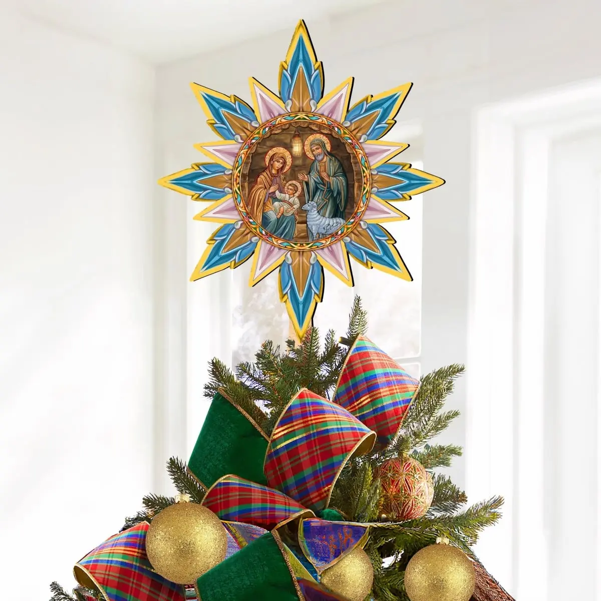 G. Debrekht 89504 Lightweight Orthodox Nativity Star Wooden Tree Topper, Unisex Farmhouse Traditional Artistic Holiday Home & Festive Decor Supply